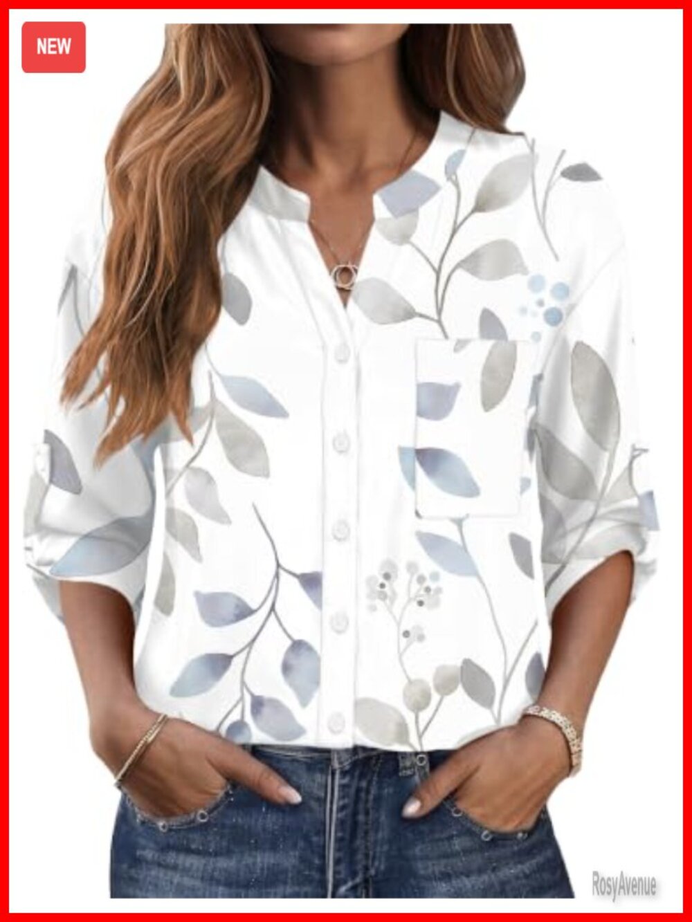 Women's 3/4 Sleeve Button Down Shirt V-Neck Floral Casual Work Blouse